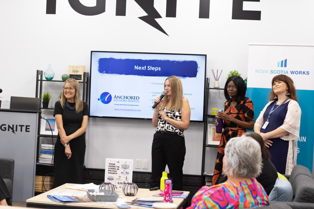 People standing at the front of a room presenting